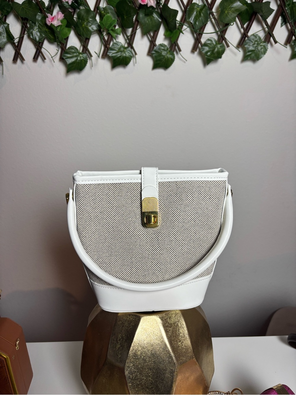 Structured White & Beige Canvas Crossbody Bag with Gold Hardware
